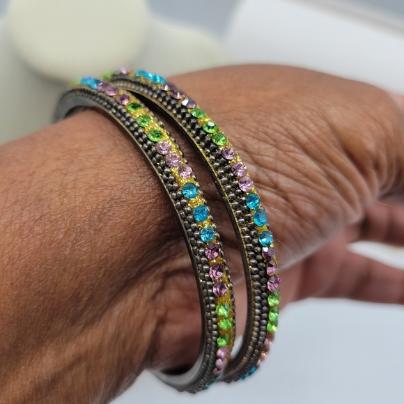 Bangle Bracelet Set | Two Blingly Colorful Bracelets - Picture 1 of 7